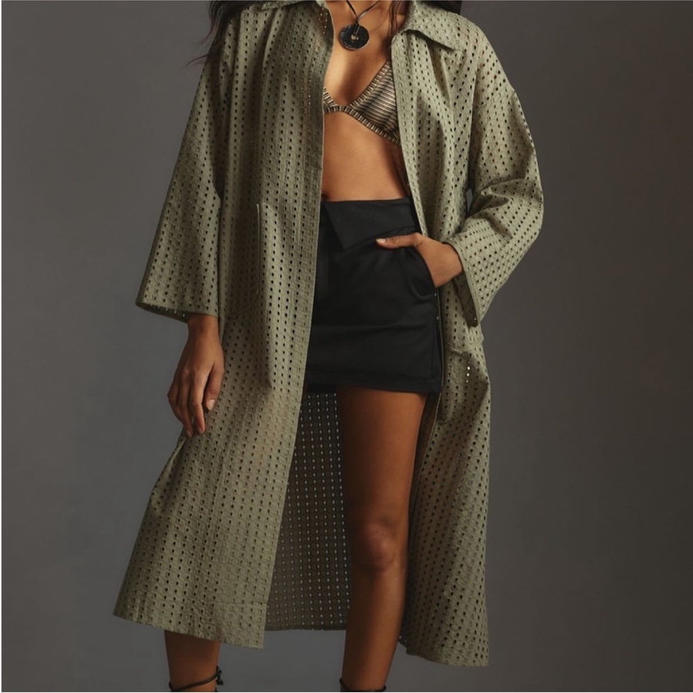 By Anthropologie Collared Eyelet Duster One Size Olive Green - Picture 1 of 8